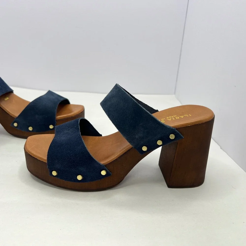 Blue Suede Platform Clog Sandals Women 6.5 Studded Wood Block Heel Boho Festival